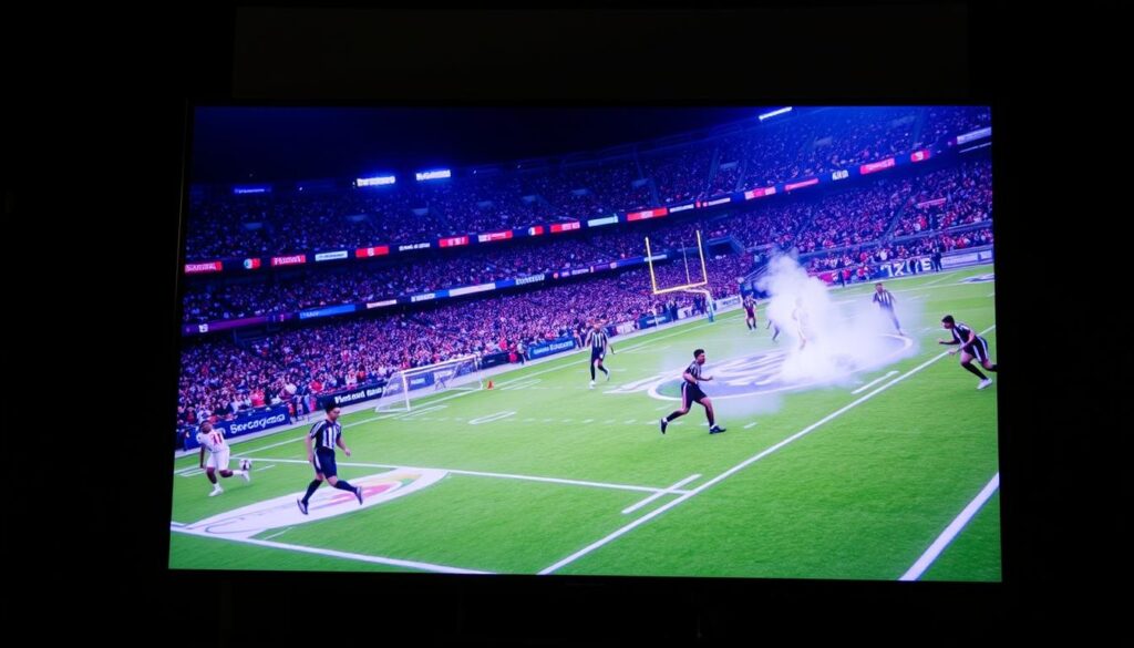 Ein Bild von einem Sportereignis oder einer Filmszene, das/der mit IPTV auf einem großen Bildschirm angezeigt wird.
