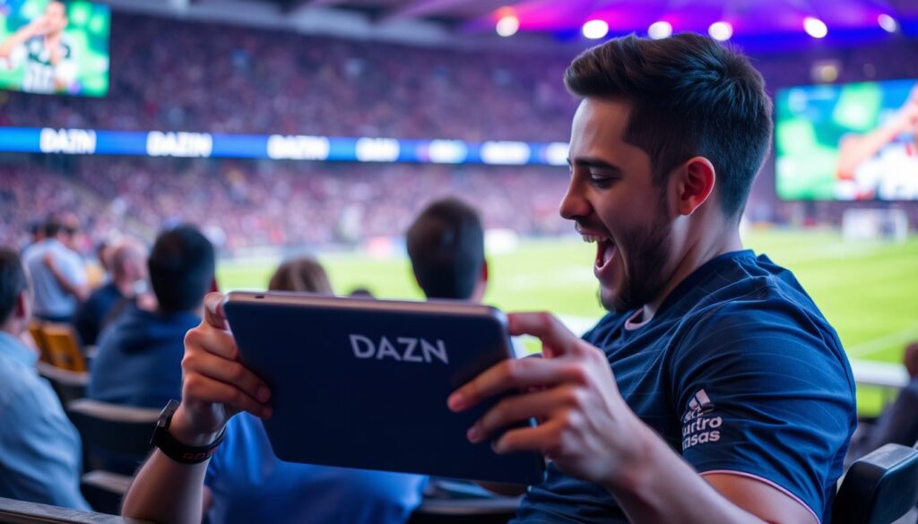 Ein Bild von einem Sportfan, der auf seinem Tablet DAZN schaut.