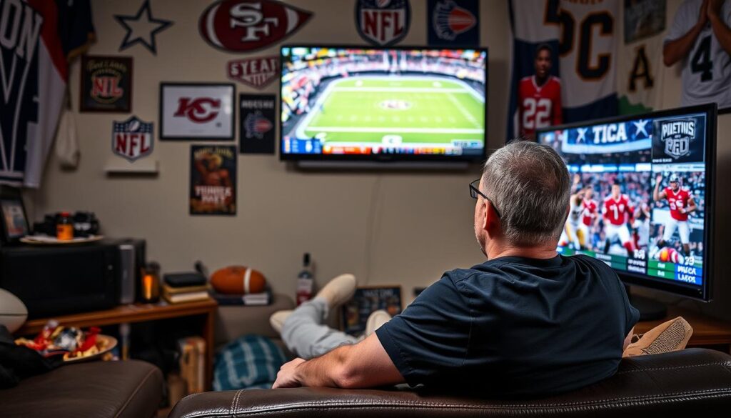 Ein Bild von einem Sportfan, der verschiedene Sportarten auf seinem Fernseher schaut.