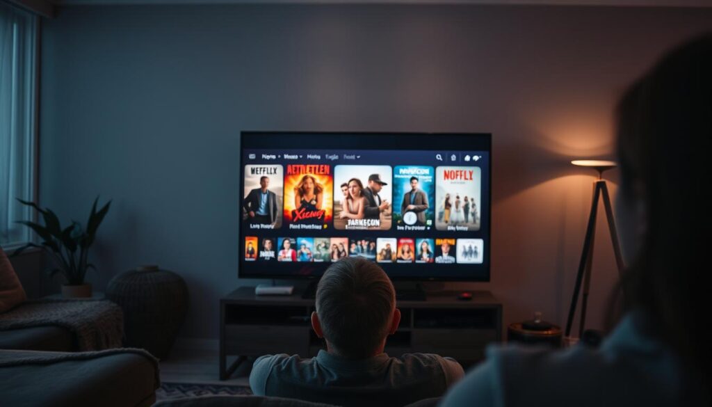 Ein Bild von einer Person, die eine Vielzahl von Filmen und Serien auf einem Fernsehbildschirm ansieht.