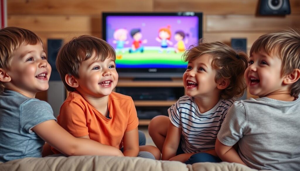 Ein Bild von glücklichen Kindern, die vor einem Fernseher sitzen und Kinderprogramme schauen.
