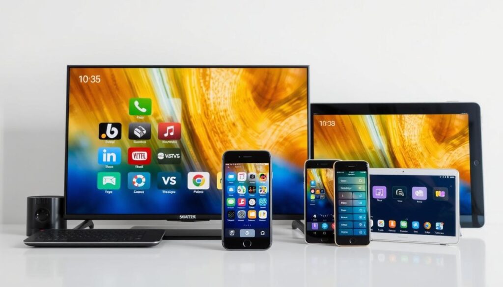 Ein Bild von verschiedenen Geräten wie Smart TVs, Smartphones und Tablets, die IPTV unterstützen.