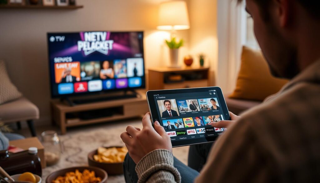 Eine Person, die verschiedene IPTV-Dienste auf einem Tablet testet