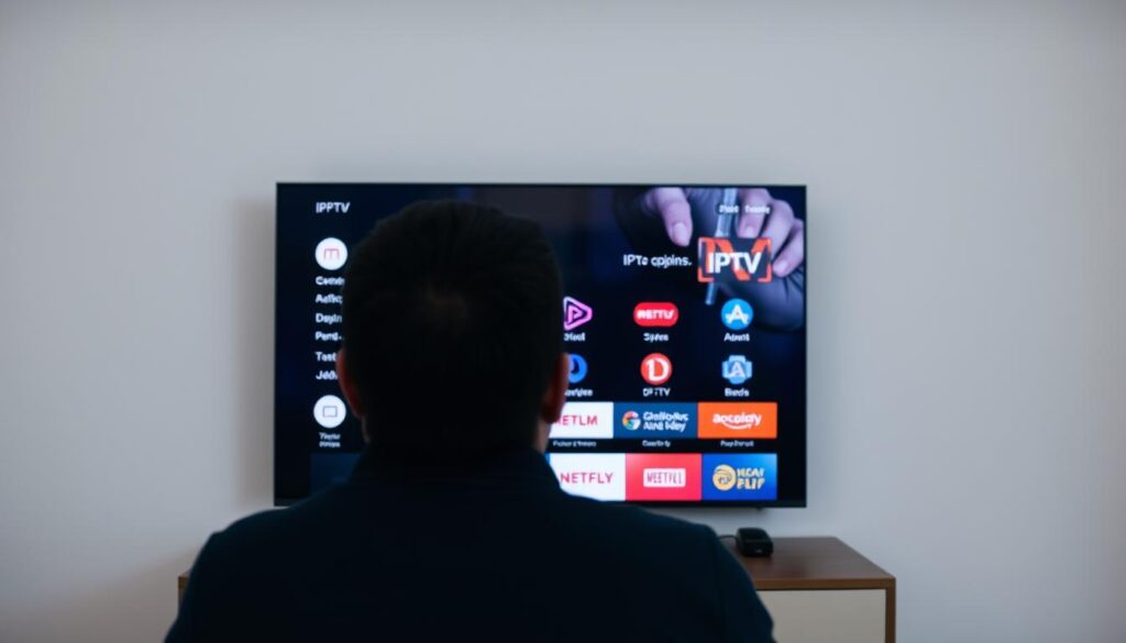 Erstellen Sie ein Bild von einer Person vor einem Fernseher, der verschiedene IPTV-Optionen auf dem Bildschirm anzeigt.