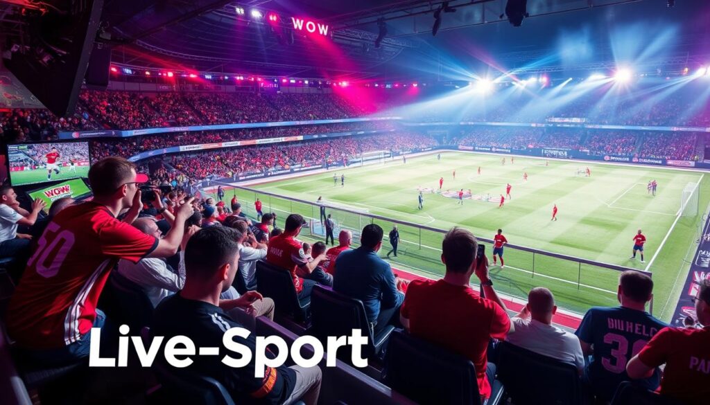 Generate an image of WOW Live-Sport highlighting its coverage of Bundesliga matches and other sports events.