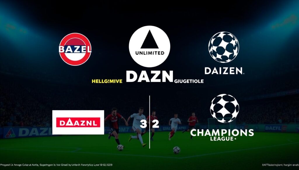 Generate an image of a DAZN Unlimited advertisement highlighting its key features, such as Bundesliga and Champions League coverage.