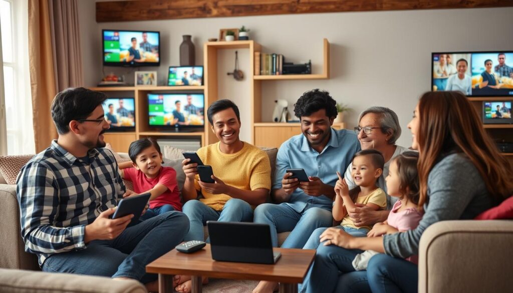 Generate an image of a family watching different TV channels on multiple devices simultaneously.