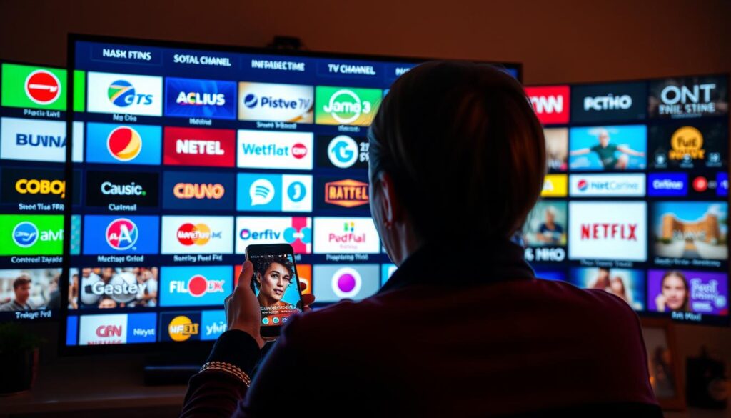 Generate an image of a person enjoying various international TV channels on different devices.