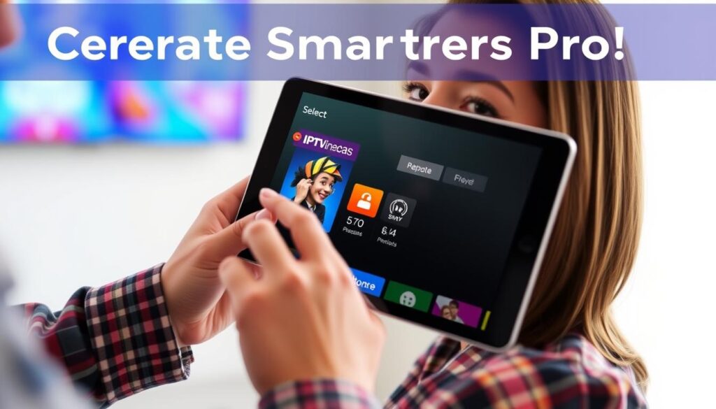 Generate an image of a person happily choosing an IPTV Smarters Pro subscription plan on their device.