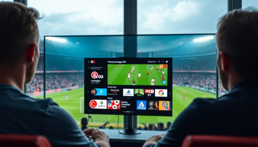 Generate an image of a person watching Bundesliga on O2 TV with WOW-Integration