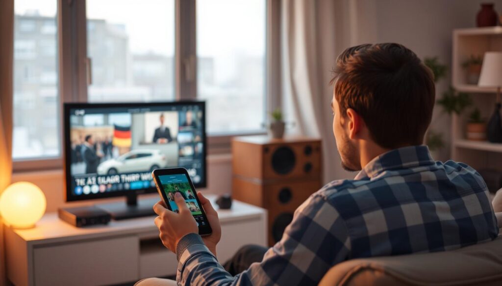 Generate an image of a person watching German TV on their device via IPTV.