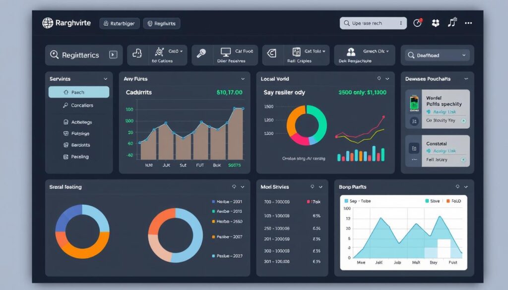 Generate an image of a reseller panel dashboard with various features and tools.