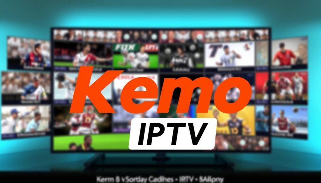 Generiere ein Bild von Kemo IPTV-Logo mit einem Fernsehbildschirm im Hintergrund, der verschiedene Sportereignisse zeigt.