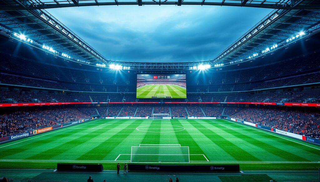 Generiere ein Bild von einem Fußballstadion mit einer großen Leinwand, die ein Live-Spiel der Bundesliga zeigt.