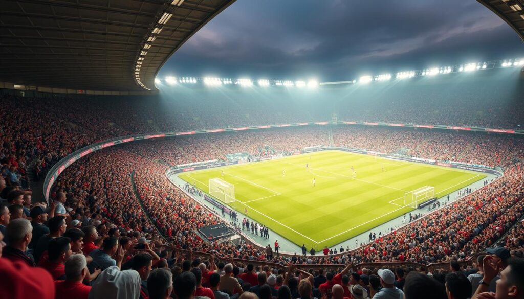 Generiere ein Bild von einem Fußballstadion während eines Live-Spiels
