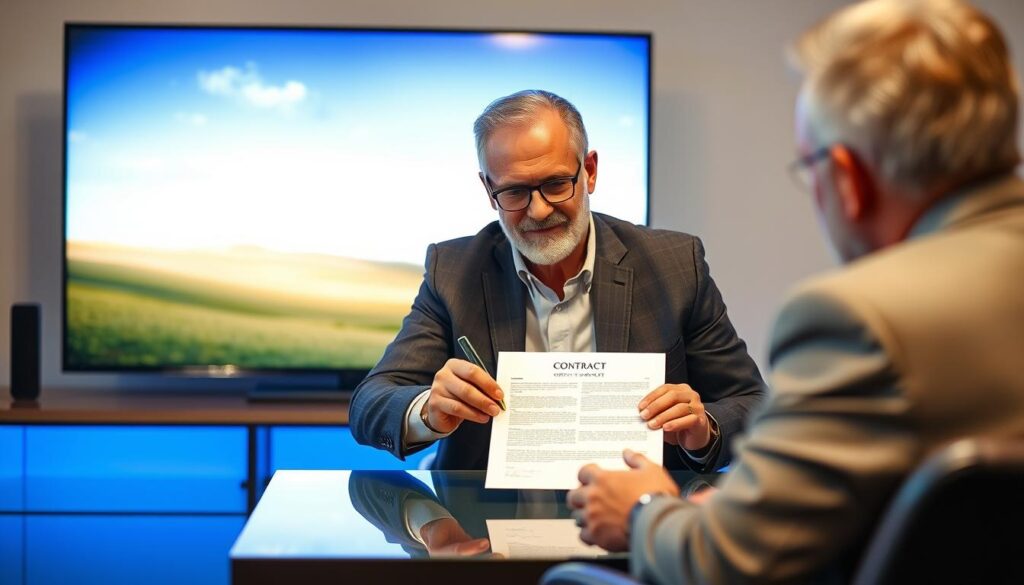 Generiere ein Bild von einem Mann, der vor einem Fernseher sitzt und einen Vertrag unterschreibt.