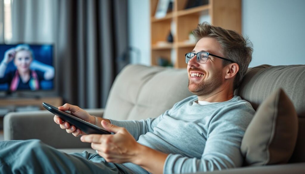 Generiere ein Bild von einem Menschen, der entspannt auf einem Sofa sitzt und fern sieht, mit einer Fernbedienung in der Hand und einem zufriedenen Gesichtsausdruck.