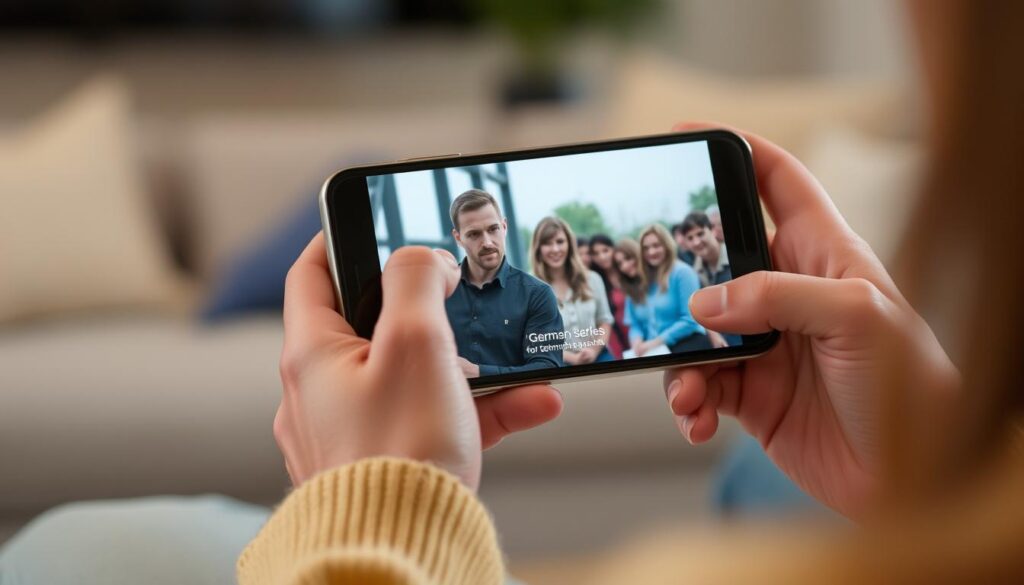 Generiere ein Bild von einem Nutzer, der eine deutsche Serie auf seinem Smartphone schaut.