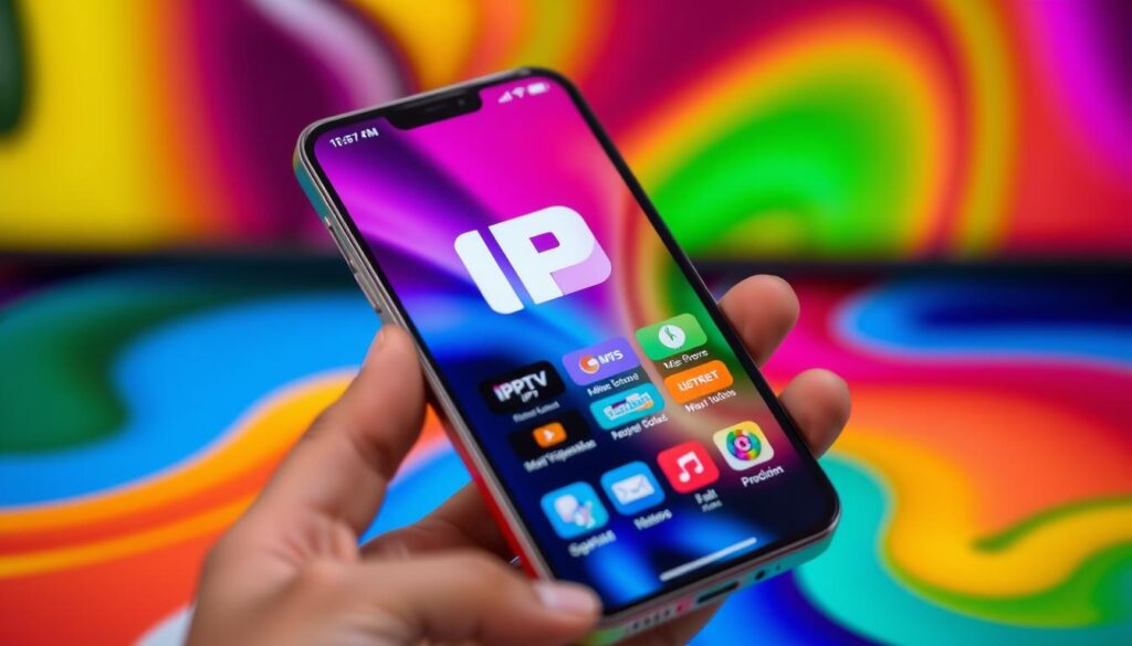 Generiere ein Bild von einem Smartphone mit einer IPTV-App