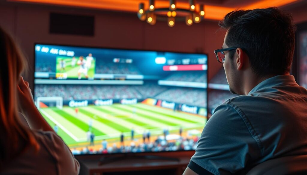 Generiere ein Bild von einem Sportfan, der ein Live-Spiel auf seinem 4K-Fernseher schaut.