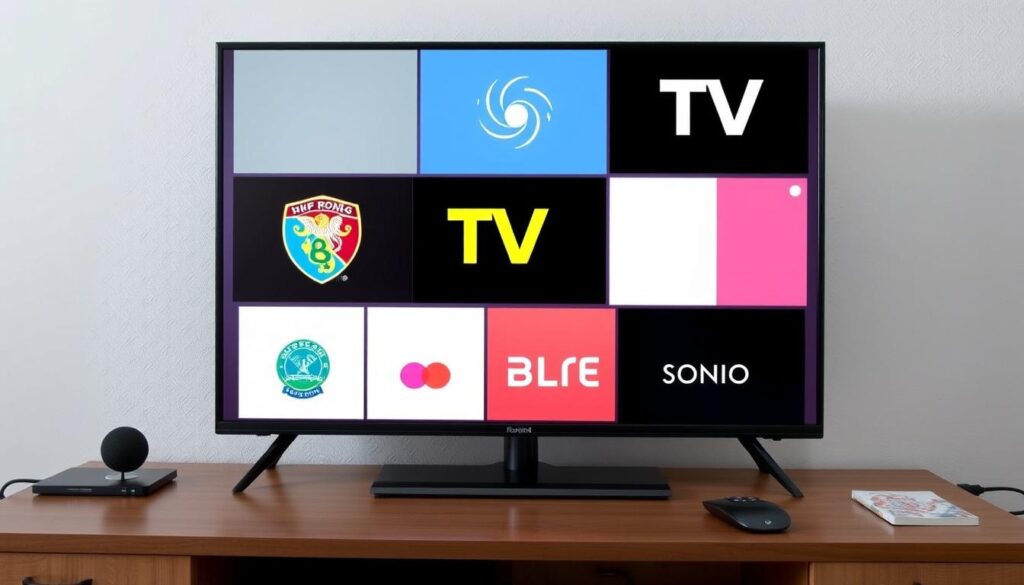 Generiere ein Bild von einem modernen Fernsehgerät, das rumänische TV-Kanäle über das Internet streamt.