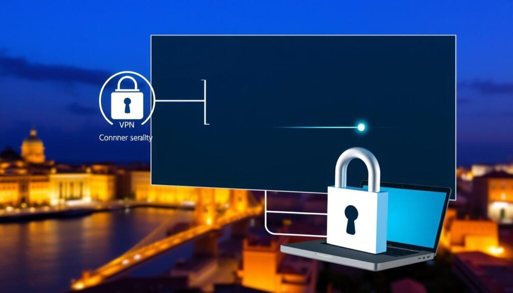 Generiere ein Bild von einem sicheren IPTV-Zugang mit VPN in Portugal