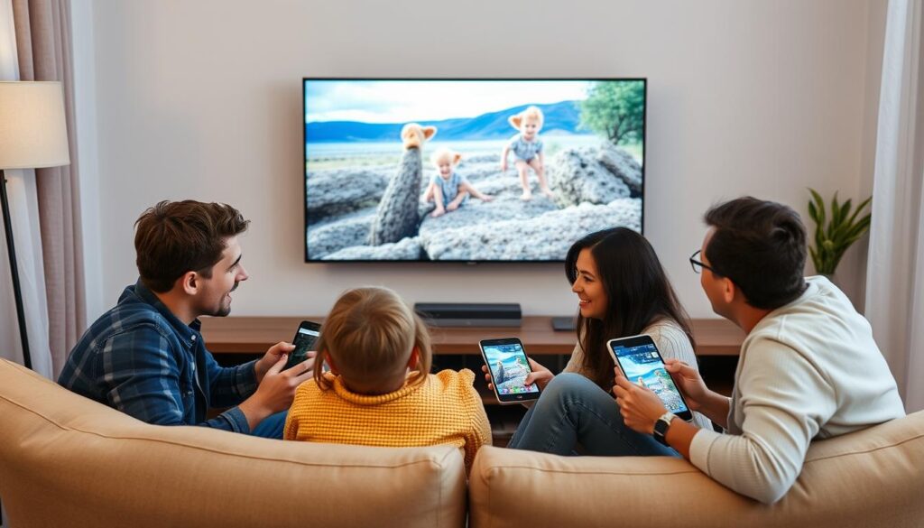 Generiere ein Bild von einer Familie, die zusammen auf verschiedenen Geräten IPTV schaut.
