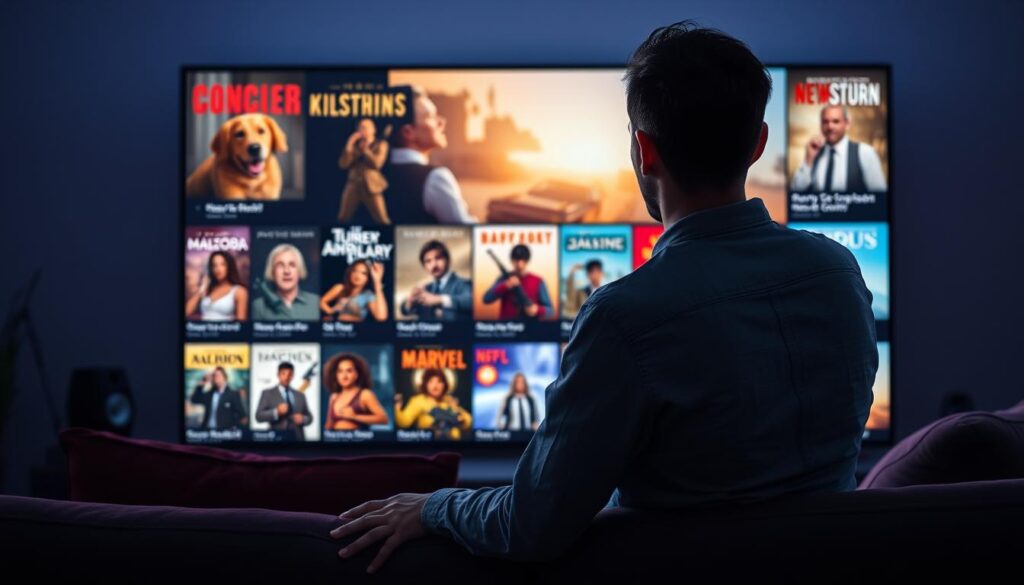 Generiere ein Bild von einer Person, die auf einem großen Bildschirm eine Vielzahl von Filmen und Serien schaut.