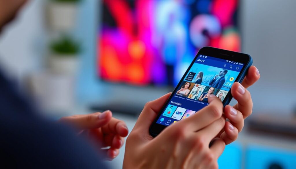 Generiere ein Bild von einer Person, die eine IPTV-App auf einem Android-Smartphone verwendet.