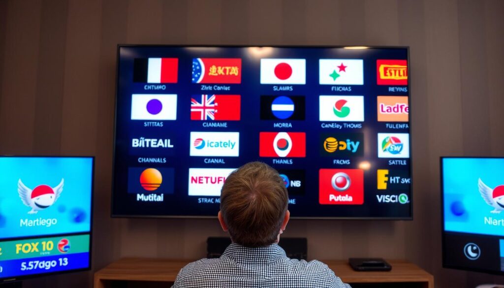 Generiere ein Bild von einer Person, die verschiedene internationale TV-Sender auf einem großen Bildschirm schaut.
