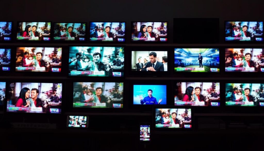 Generiere ein Bild von einer Vielzahl an Fernsehprogrammen auf verschiedenen Geräten