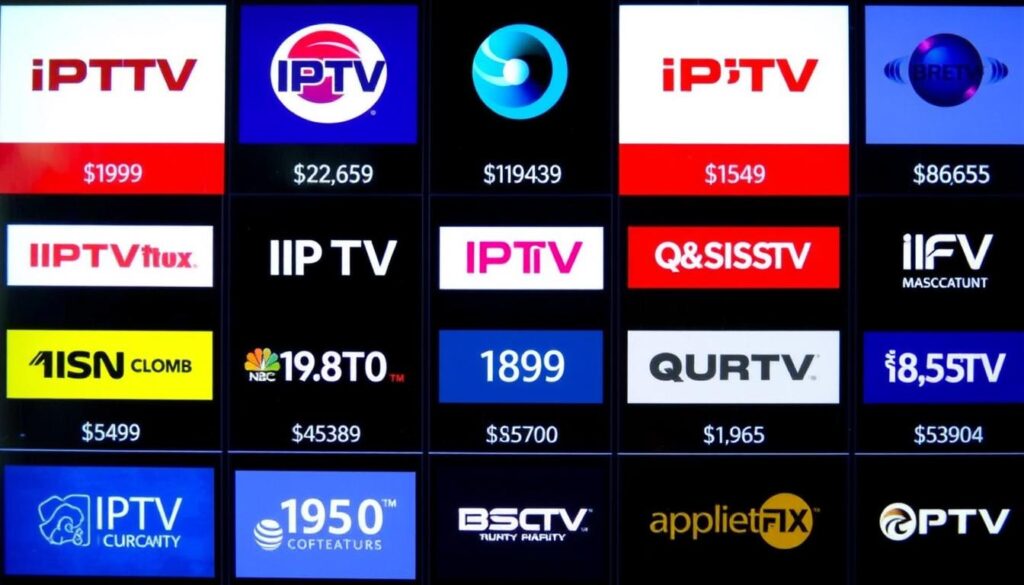 Generiere ein Bild von verschiedenen IPTV-Anbietern mit Preisschildern