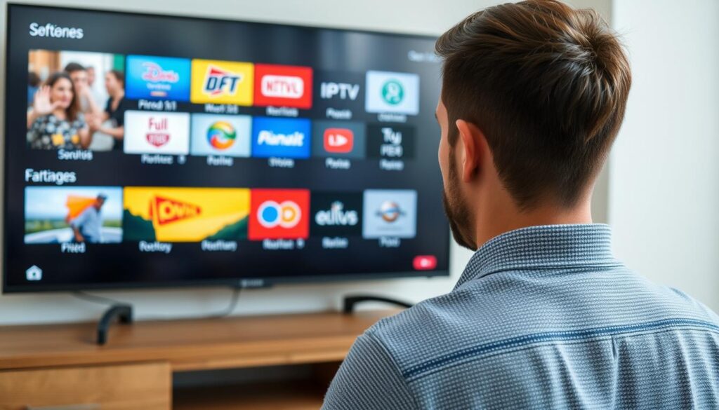 Generieren Sie ein Bild, das eine Person zeigt, die verschiedene IPTV-Kanäle auf einem Fernsehbildschirm vergleicht.