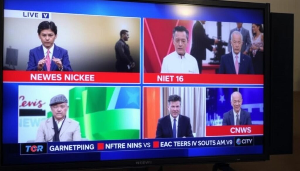 Generieren Sie ein Bild von Nachrichtenkanälen auf einem Fernsehbildschirm