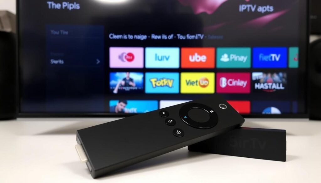 Generieren Sie ein Bild von einem Fire TV Stick mit einer IPTV-App auf dem Bildschirm