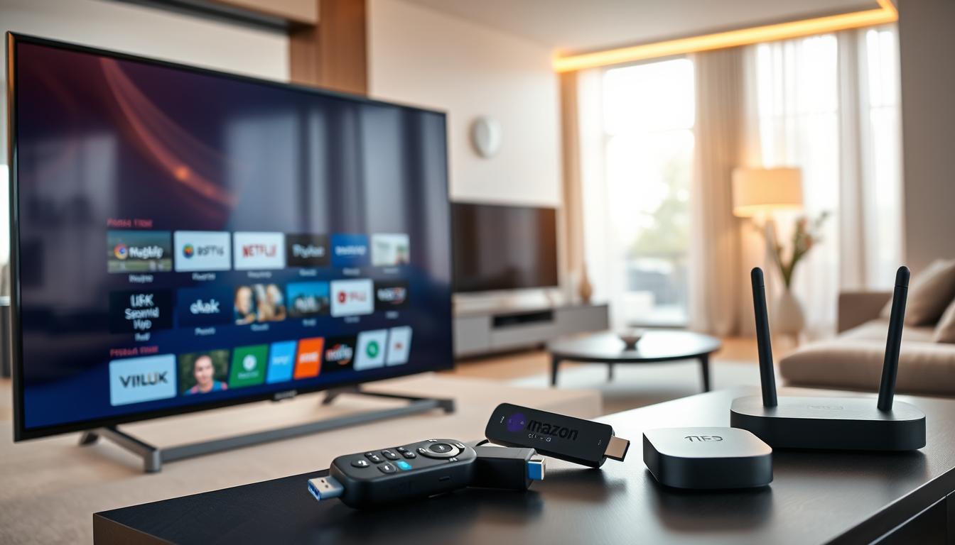 High-quality, detailed image of a contemporary smart IPTV streaming setup. A 4K Smart TV is prominently displayed in the foreground, surrounded by various streaming devices like a Roku, Amazon Fire TV Stick, and Android TV box on a sleek media console. In the middle ground, a wireless router and broadband modem provide fast, reliable internet connectivity. The background features a modern, minimalist living room with large windows allowing natural light to flood the space. The overall scene conveys a sense of technological sophistication and seamless home entertainment integration. Warm, inviting lighting and clean, elegant lines create a visually striking and aspirational smart home aesthetic.