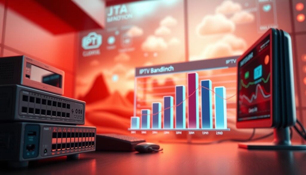 High-quality digital illustration depicting the technical requirements for IPTV bandwidth. Detailed foreground shows a router, network switch, and computer displaying bandwidth metrics. Middle ground features a 3D bar chart visualizing data transfer rates. Background shows abstract data flow patterns, digital landscapes, and cloud computing infrastructure. Warm, futuristic color palette. Smooth, photorealistic rendering with depth of field, dramatic lighting, and cinematic camera angle.