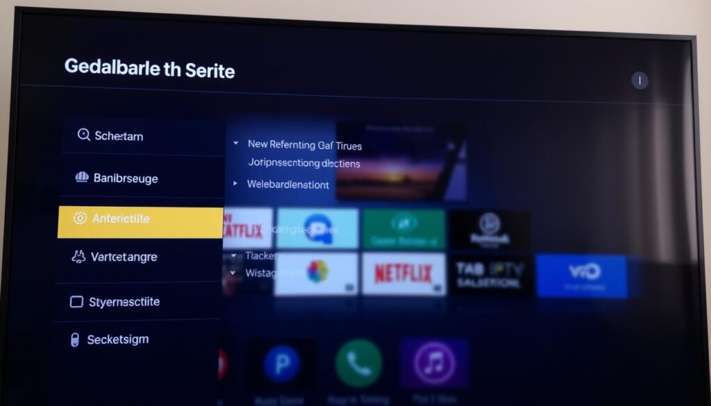 High-resolution, detailed image of the settings and configuration menu of the Smart IPTV Pro application running on a modern smart TV or streaming device. The foreground shows the main settings screen with various options and menus neatly organized. The middle ground features a blurred background of the TV or device's user interface, conveying a sense of context. The lighting is natural and evenly distributed, creating a clean, professional look. The camera angle is slightly elevated to provide a clear, comprehensive view of the settings panel. The overall mood is one of functionality and ease of use, reflecting the practical nature of the "Einrichtung und Konfiguration" section of the article.