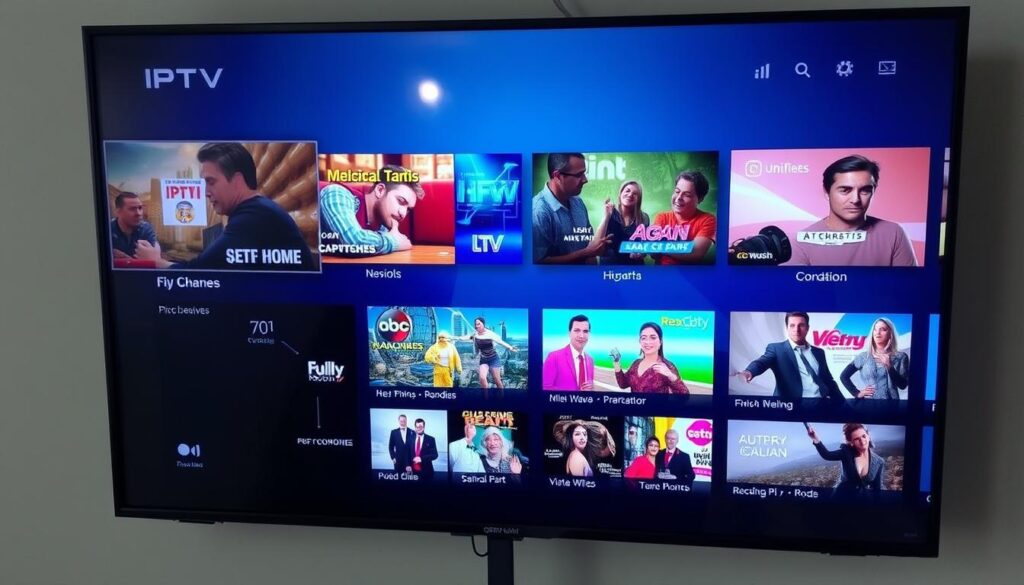 Image Generation Prompt: Ein Bildschirm mit verschiedenen IPTV-Kanälen