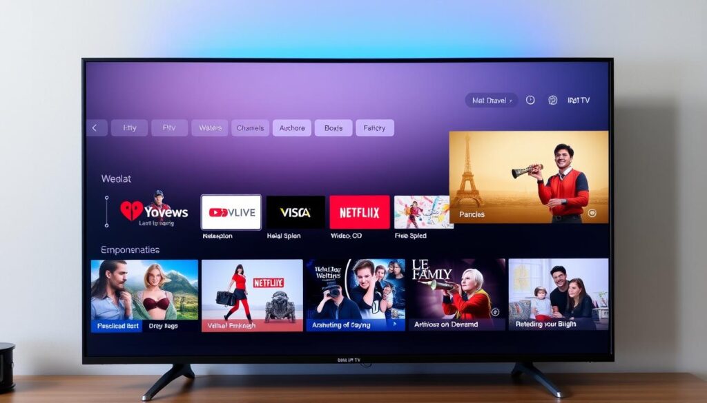 Image Generation Prompt: TiVistation IPTV interface on a smart TV, showcasing various channels and VOD content.