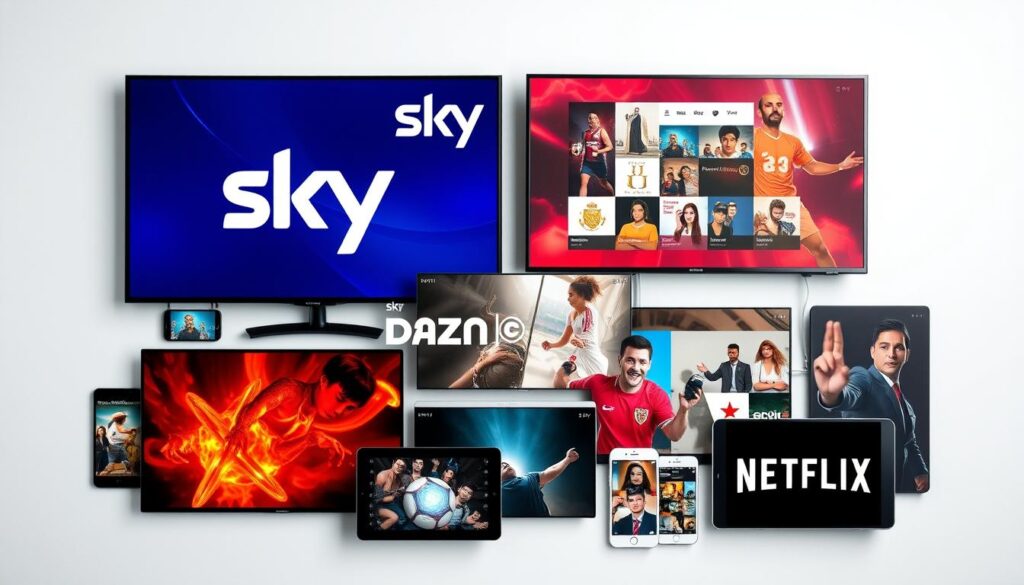 Image generation prompt: A collage of different screens showing IPTV, Sky, DAZN, and Netflix content on various devices.