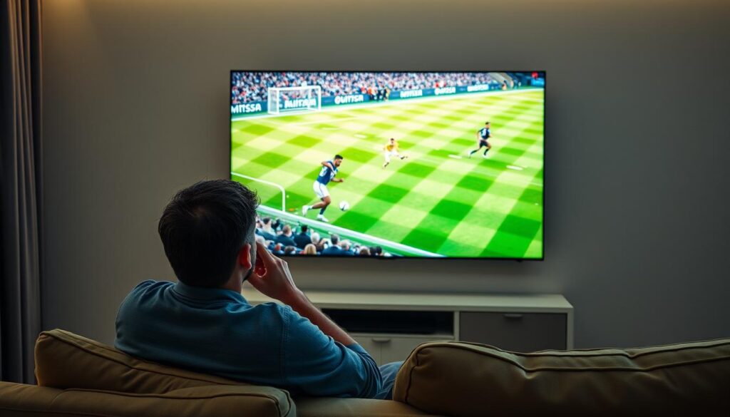 Image generation prompt: A high-quality image of a person watching their favorite sports game on a TV with a stable and clear stream, symbolizing reliable IPTV service.