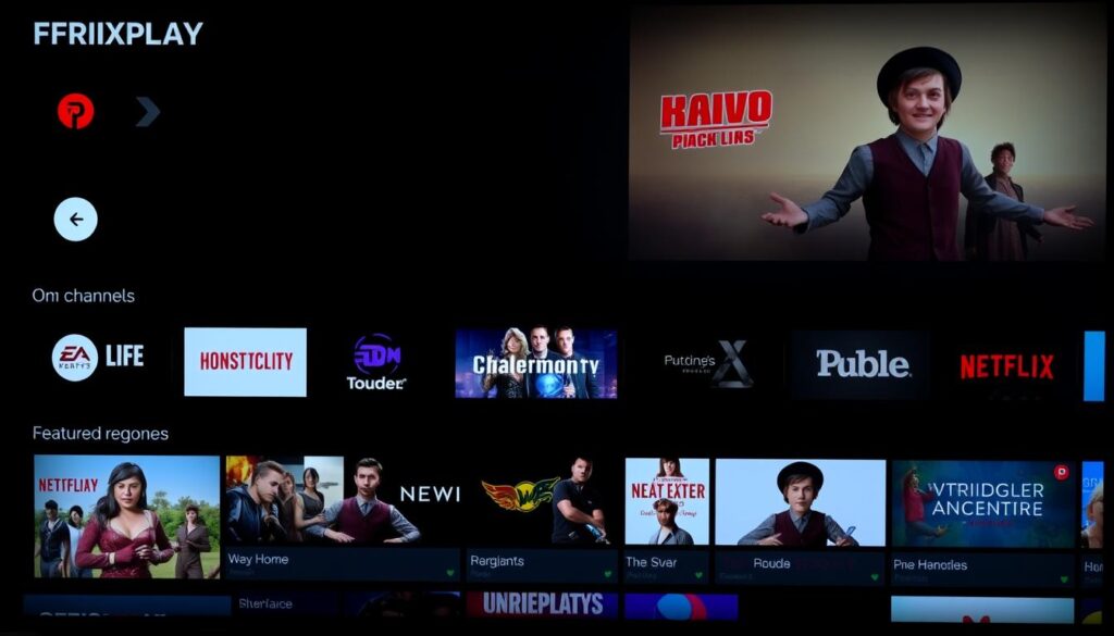 Image generation prompt: A screenshot of the FRIXPLAY IPTV interface showing various channels and on-demand content.