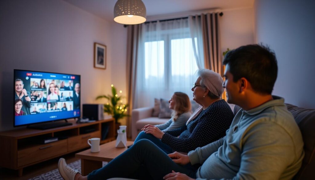 Image generation prompt: Eine Familie schaut gemeinsam albanische Fernsehsender auf einem Smart-TV