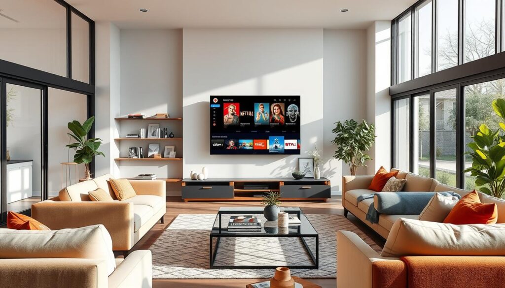 Image generation prompt: "A modern living room with a large screen TV displaying various IPTV channels."