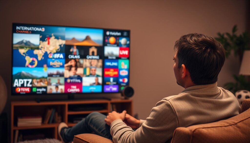 Image of a person watching TV with a variety of international channels on the screen