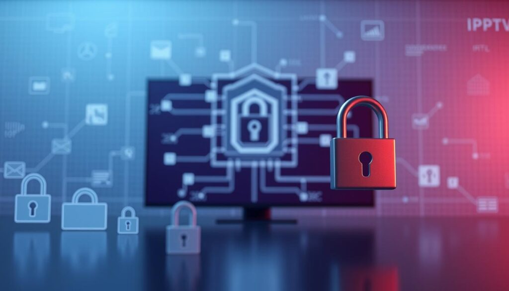 Prompt A sleek, minimalist digital security interface depicting IPTV streaming security. In the foreground, a series of abstract lock icons and data visualization elements symbolize the protection and privacy of IPTV content. The middle ground features a secure network schematic with encrypted data streams and firewalls. In the background, a subtle holographic grid pattern suggests the technological sophistication of the IPTV system. The overall mood is one of reassurance and confidence, conveying the secure and reliable nature of the IPTV service. Soft lighting casts a cool, futuristic glow, while the camera angle suggests an elevated, authoritative viewpoint.